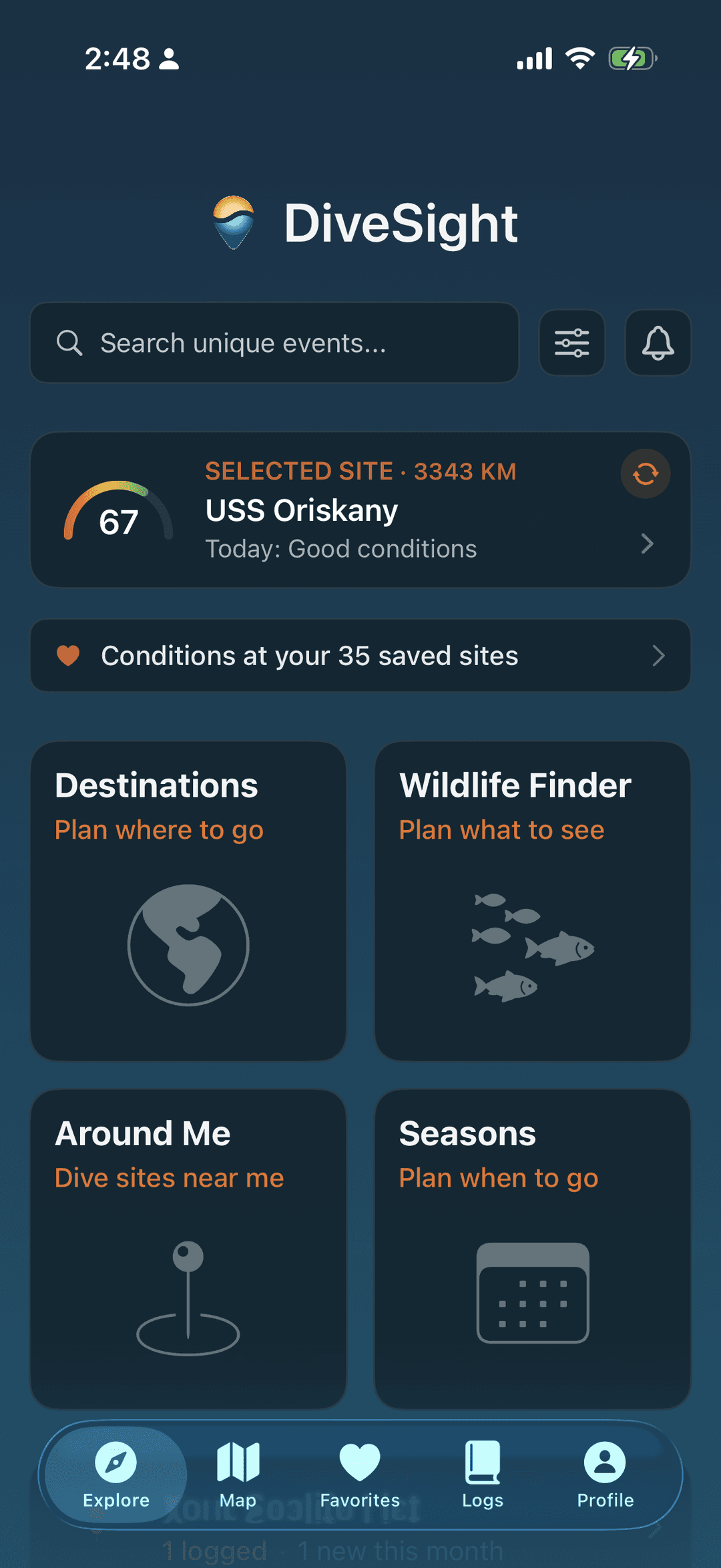 DiveSight Explore home screen: Destinations, Wildlife Finder, Around Me, Seasons