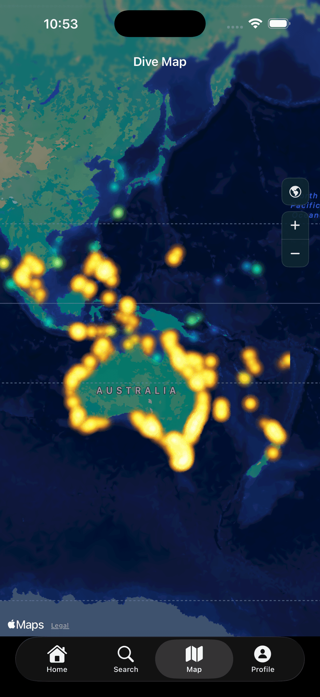 DiveSight global heat map of dive sites